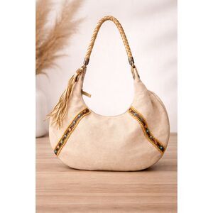 Henné Beige Linen Hobo Bag Beaded Trim Braided Handle Boho